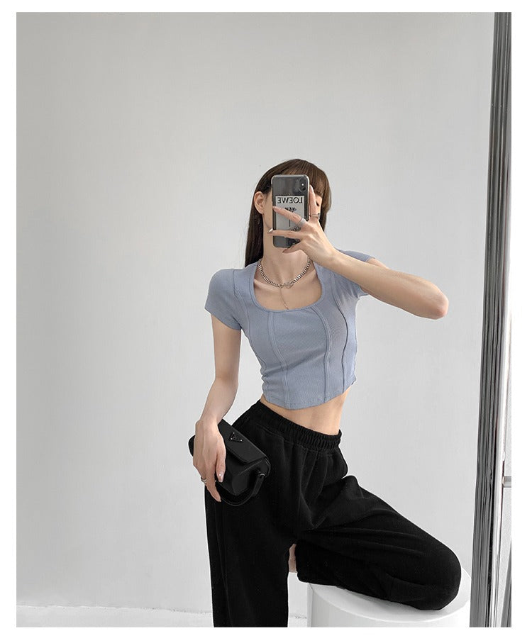 Vintaege Y2K Tops Women Summer Square Collar Short Sleeve T-shirt Fishbone Line Slim Crop - MERGE.DAY.1.FREESTYLE