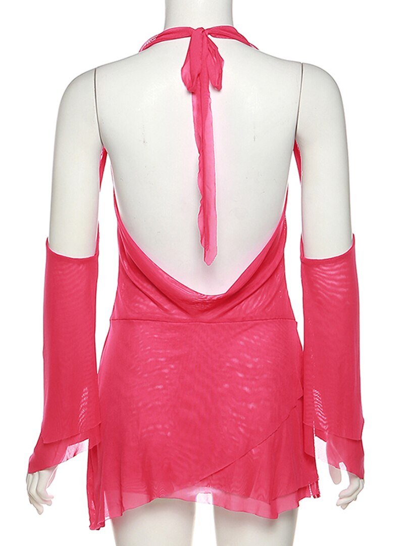 Halter Long Sleeves Irregular Draped Mini Dress - MERGE.DAY.1.FREESTYLE