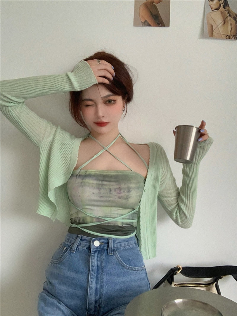 Summer Cardigan Two Piece Sets Women Fashion Slim Green Tie-dye Tops+See Through Thin Knitted - MERGE.DAY.1.FREESTYLE