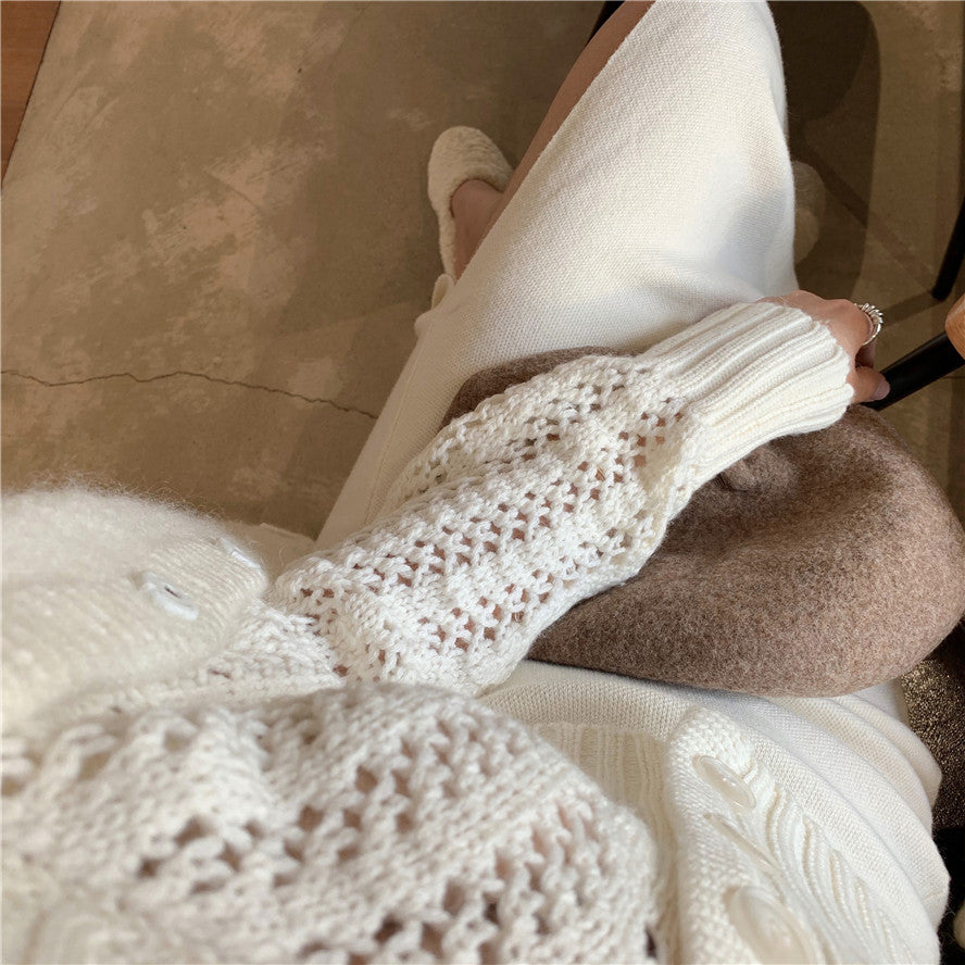 Women Hollow Sweater Cardigan Outerwear V Neck Button Knitted Tops Jackets - MERGE.DAY.1.FREESTYLE