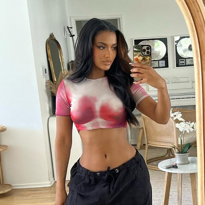 Tie Dye Print O Neck Short Sleeves Crop Top T Shirt Slim - MERGE.DAY.1.FREESTYLE