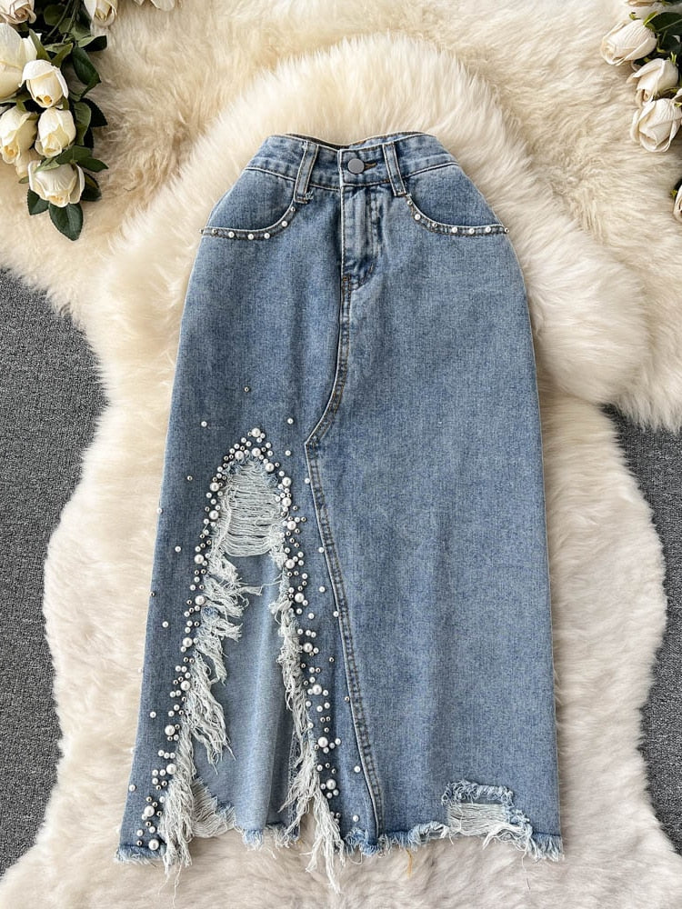 Beading Split Denim Skirts Women High Waist A-line Irregular Jeans Skirts - MERGE.DAY.1.FREESTYLE