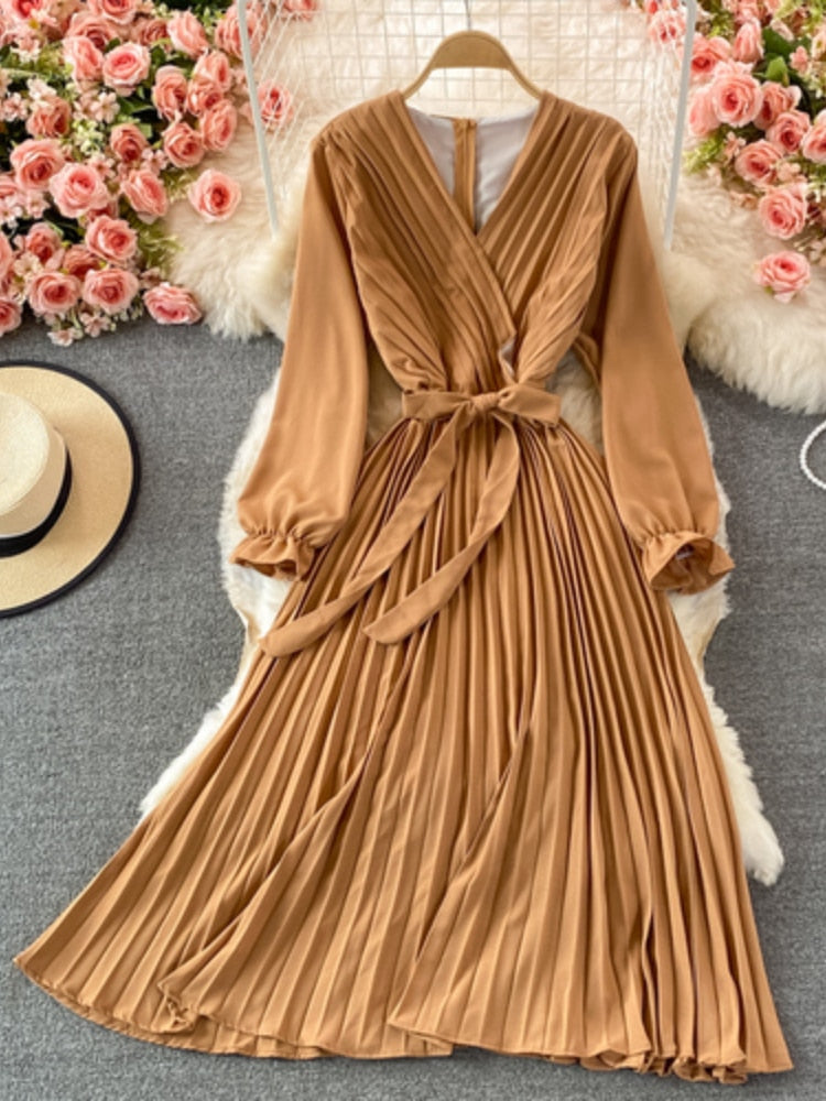 Slim Dress Elegant A Line V Neck Puff Sleeve Chiffon Pullover Mid-Calf Dresses - MERGE.DAY.1.FREESTYLE