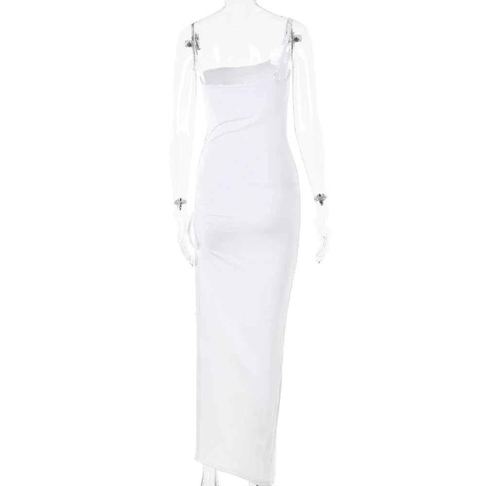 Drawstring High Slit Shoulder Slim Elastic Maxi Bodycon Dress - MERGE.DAY.1.FREESTYLE