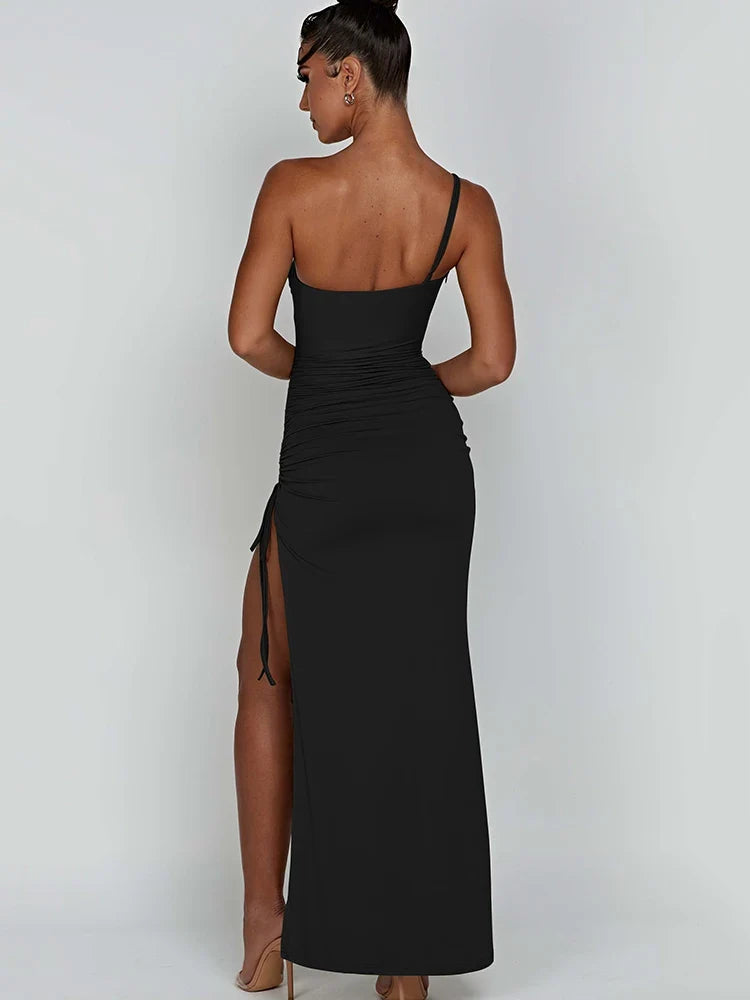 Drawstring High Slit Shoulder Slim Elastic Maxi Bodycon Dress - MERGE.DAY.1.FREESTYLE