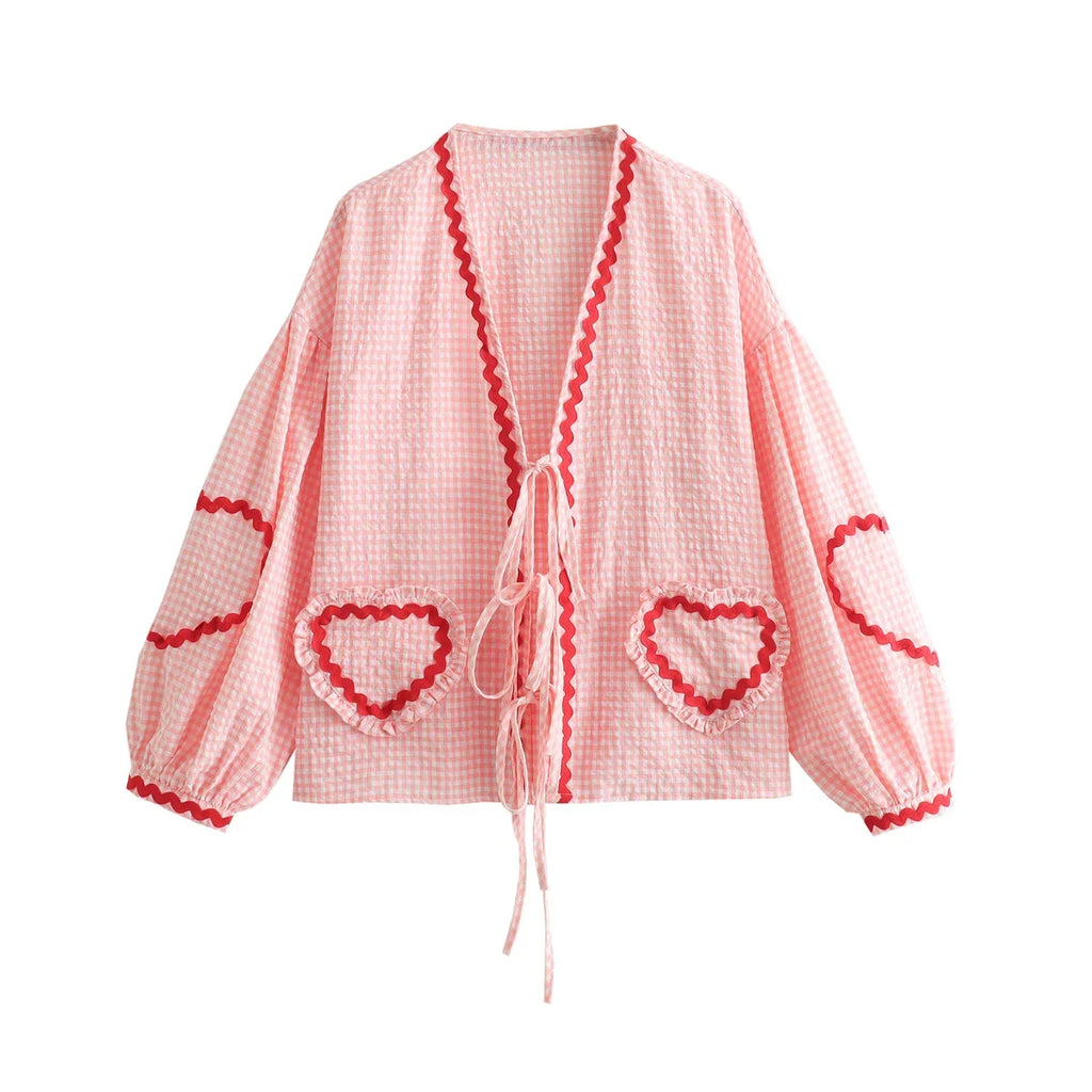 Heart Pockets Ladies V Neck Bow Buttons Blouses - MERGE.DAY.1.FREESTYLE