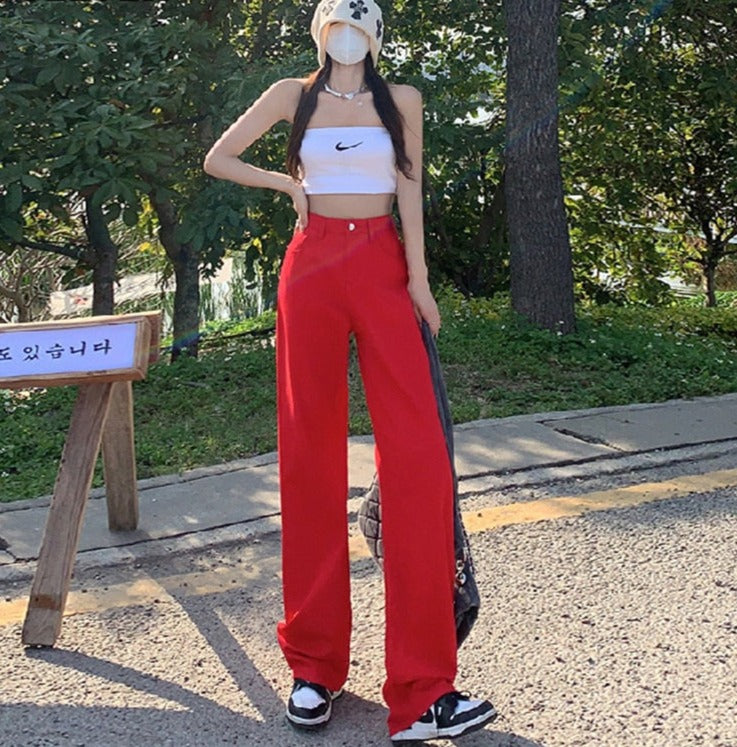 Cotton Ladies Wide Leg Denim Pants High Waist Loose Pockets Jeans Trousers - MERGE.DAY.1.FREESTYLE