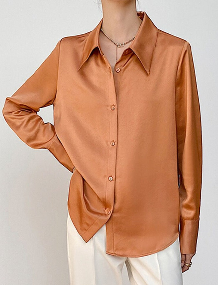 Turn-down Collar Solid Blouses Women Full Sleeve Loose Single-breasted Satin Shirts - MERGE.DAY.1.FREESTYLE