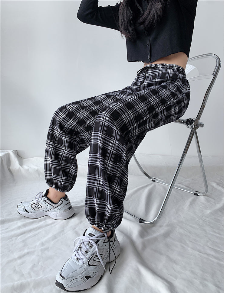 Plaid Pants Women High Waist Drawstring Loose Straight Baggy Pants 2022 Spring and Summer - MERGE.DAY.1.FREESTYLE