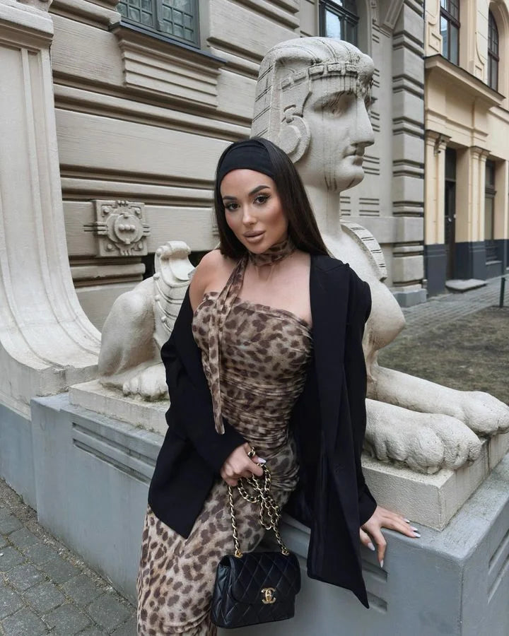 Leopard Print Wrapped Suit Backless Sleeveless Tops Skirts - MERGE.DAY.1.FREESTYLE