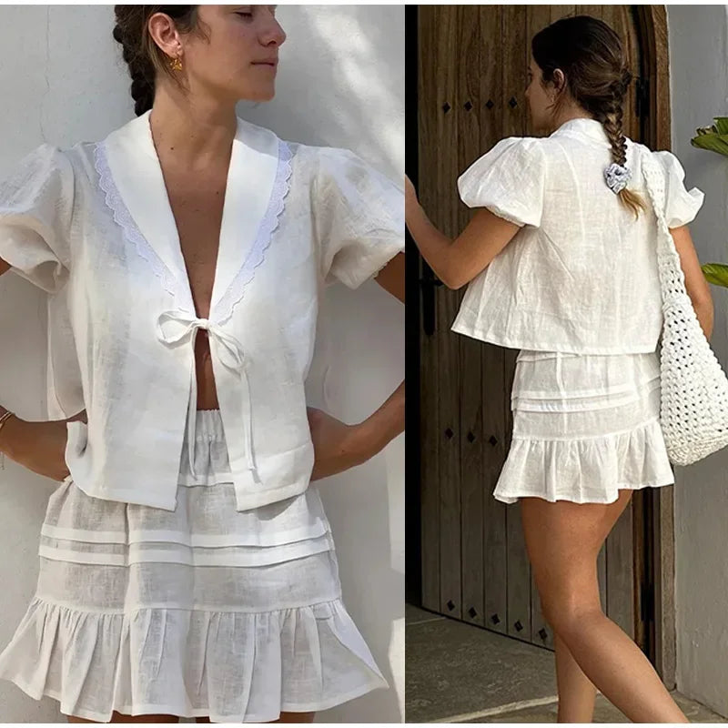Lace Up Doll Collar Shirt Skirt Sets Short Puff Sleeve Top Suit Pleat Mini Skirts - MERGE.DAY.1.FREESTYLE