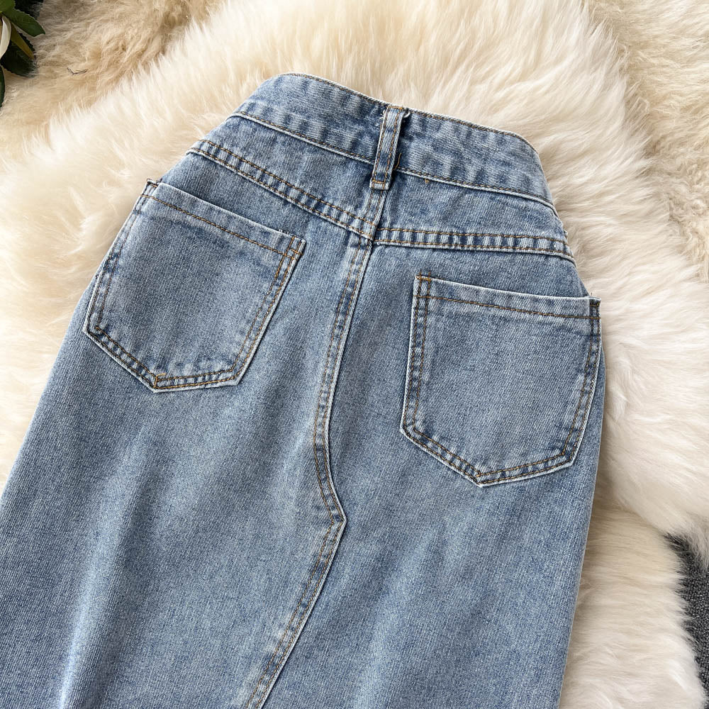 Beading Split Denim Skirts Women High Waist A-line Irregular Jeans Skirts - MERGE.DAY.1.FREESTYLE