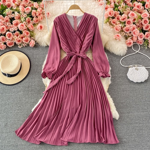 Slim Dress Elegant A Line V Neck Puff Sleeve Chiffon Pullover Mid-Calf Dresses - MERGE.DAY.1.FREESTYLE