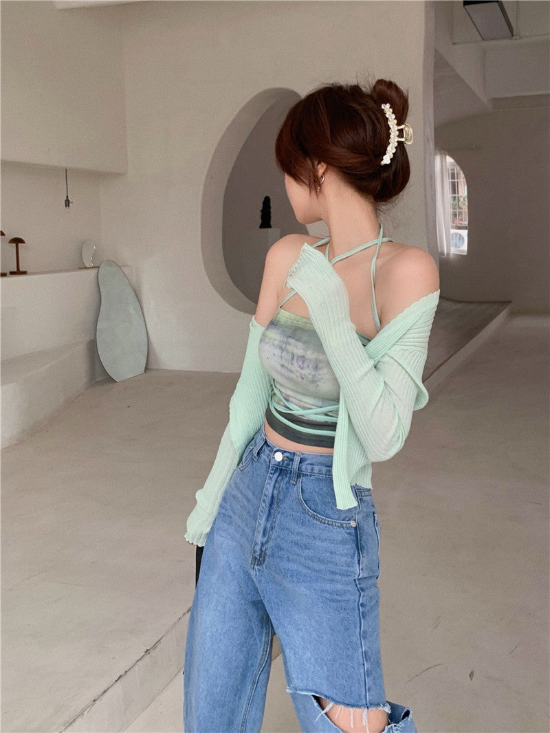 Summer Cardigan Two Piece Sets Women Fashion Slim Green Tie-dye Tops+See Through Thin Knitted - MERGE.DAY.1.FREESTYLE
