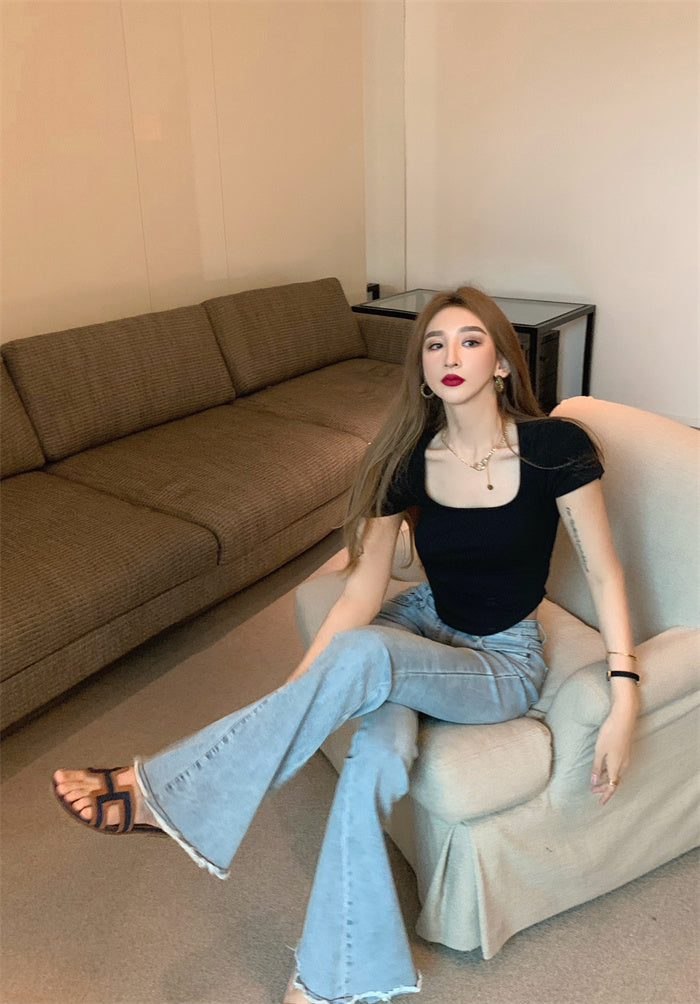 Pure Color Slim Short Sleeve Tees Women 2022 Summer Y2k Crop Fashion Sexy Blouse - MERGE.DAY.1.FREESTYLE