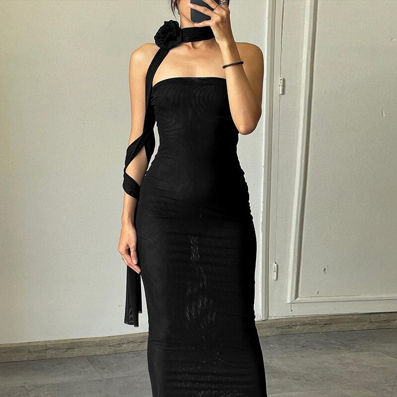 Mesh Flower Scarf Strapless Solid Elegant Sexy Bodycon Midi Prom Dress - MERGE.DAY.1.FREESTYLE
