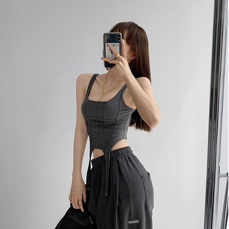 Sexy Irregular Hook White Tank Top Women Summer Square Collar Sleeveless Tops Vest Outwear - MERGE.DAY.1.FREESTYLE