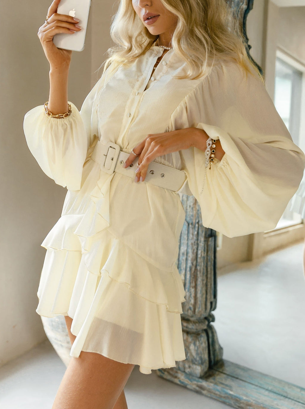 Belt plaid batwing long sleeve women dress summer Office ruffle shirt mini A-line dress - MERGE.DAY.1.FREESTYLE