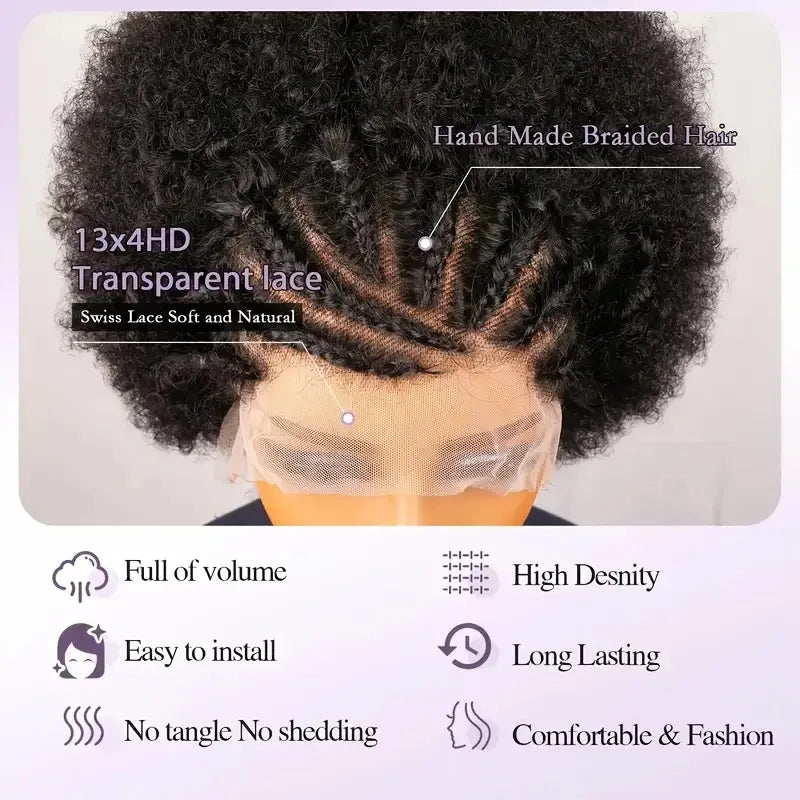 13x4 Short Afro Kinky Curly Bob Lace Front Braided Wigs for Black Women Curly Afro Puff Lace Frontal Wig Human Hair Brazilian - MERGE.DAY.1.FREESTYLE