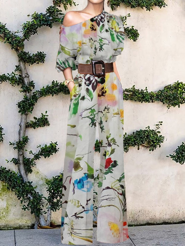 2022 Summer Pattern Print Jumpsuit Off Shoulder Romper Women Wide Leg Pant Playsuit - MERGE.DAY.1.FREESTYLE
