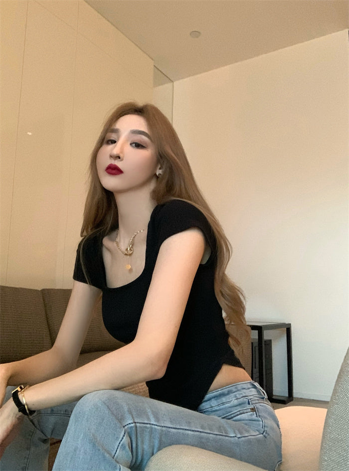 Pure Color Slim Short Sleeve Tees Women 2022 Summer Y2k Crop Fashion Sexy Blouse - MERGE.DAY.1.FREESTYLE