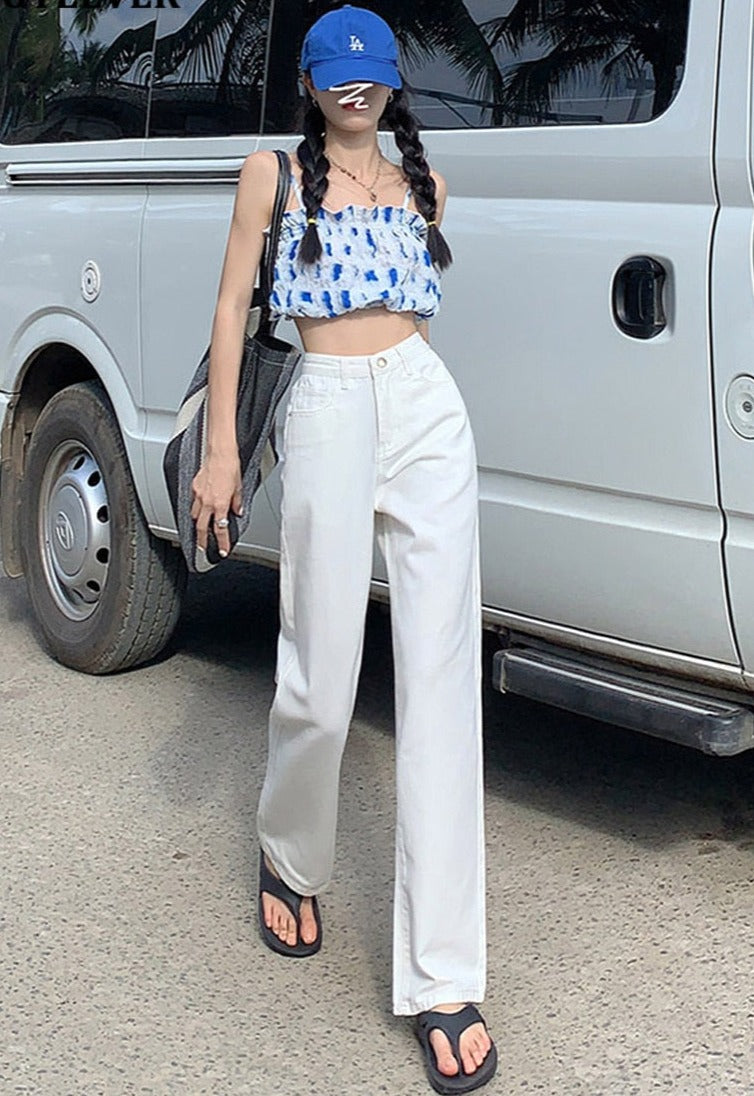 Cotton Ladies Wide Leg Denim Pants High Waist Loose Pockets Jeans Trousers - MERGE.DAY.1.FREESTYLE