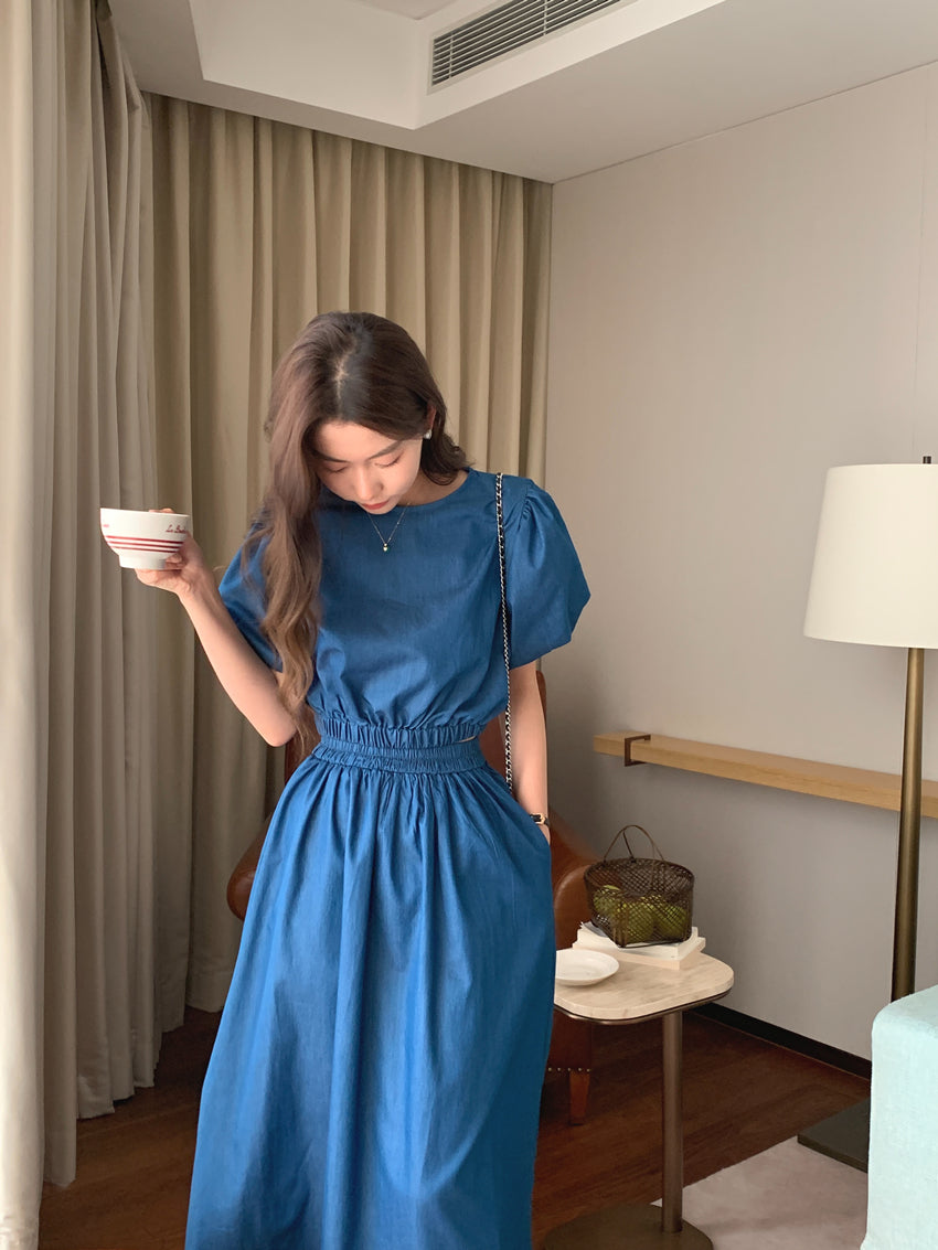 Women's Summer Cotton Denim Sets of Skirts Suit Chic Puff Sleeve Short Top with Umbrella Skirt - MERGE.DAY.1.FREESTYLE
