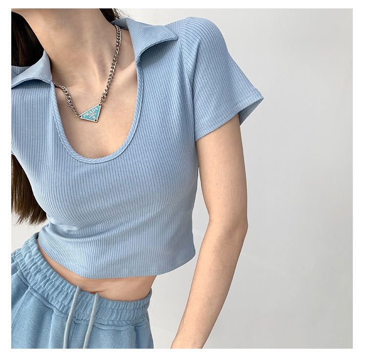 Y2K Tops Women U-shaped Lapel Short Sleeve Tees Summer High Waist Thread Crop Top - MERGE.DAY.1.FREESTYLE