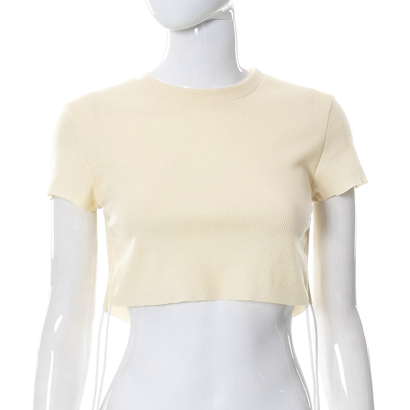 Sexy O Neck Split Ribbons Cropped T-Shirts Women Ribbed Knit Short Sleeve Slim Tshirts 2022 Summer - MERGE.DAY.1.FREESTYLE