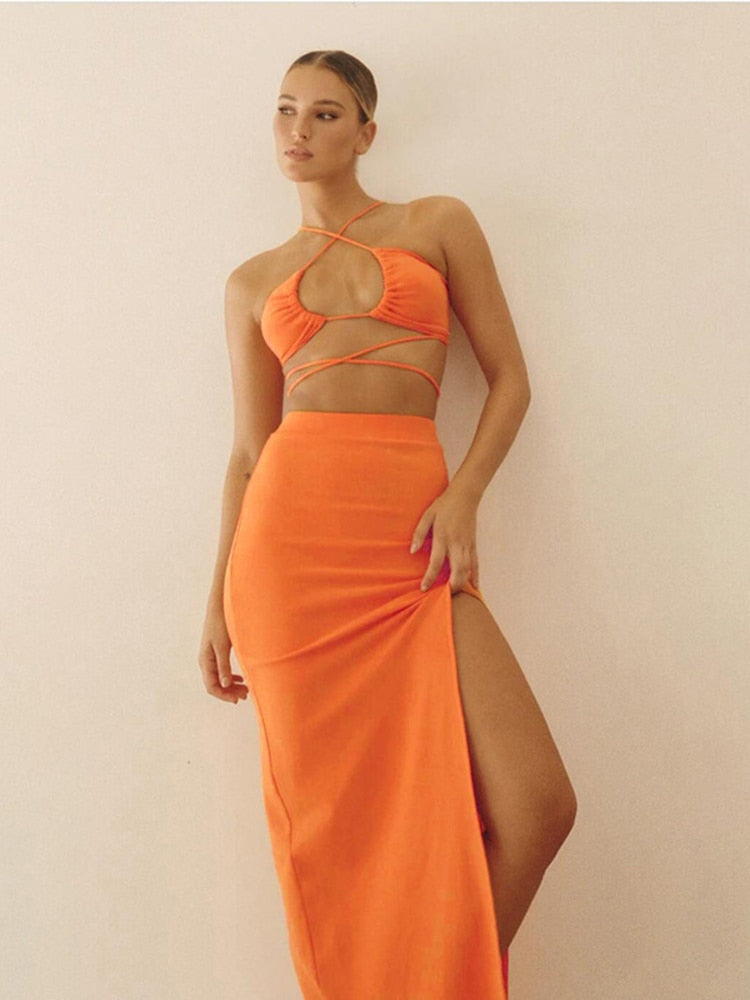 Cryptographic Bandage Cut Out Sexy Halter Neck Top and Skirts Set Gathered Elegant - MERGE.DAY.1.FREESTYLE