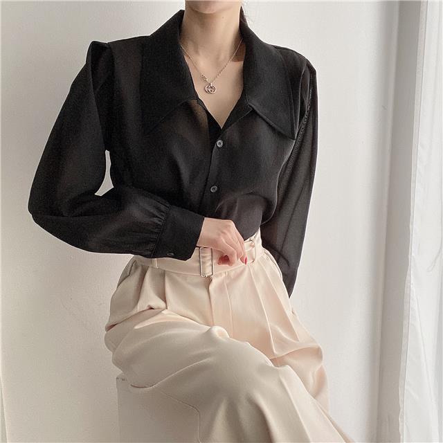 See Through Button Down Shirts Women New Loose Long Sleeve Blouse Female 2022 Summer Suncreen Tops - MERGE.DAY.1.FREESTYLE