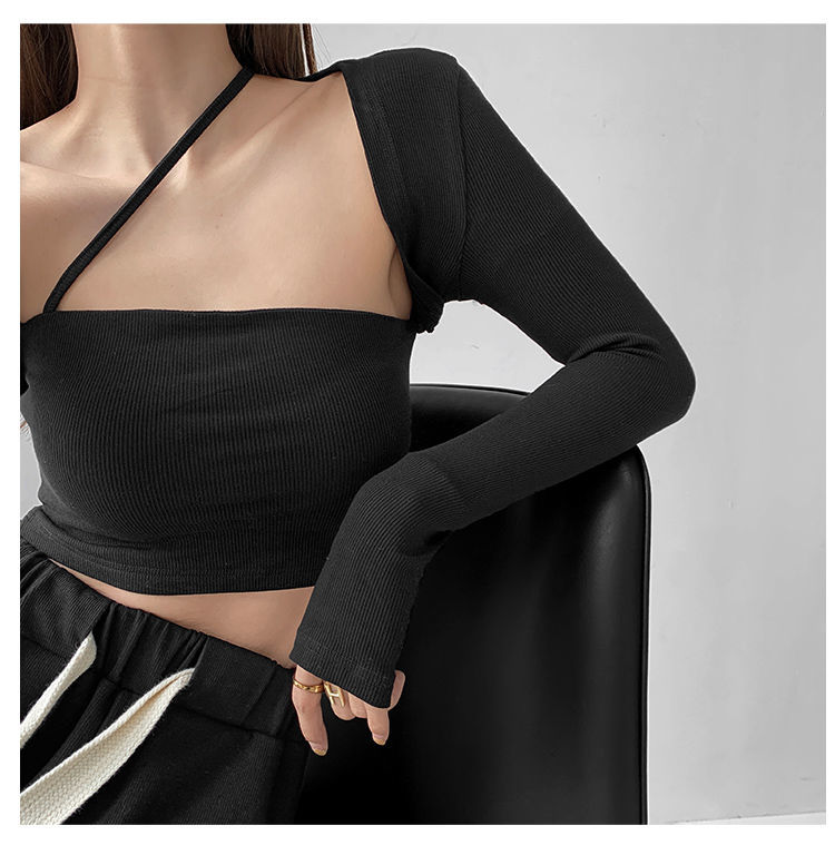 Cropped Tops Women Square Collar Slanted Shoulder Straps Halter Neck Long Sleeve T-shirt - MERGE.DAY.1.FREESTYLE