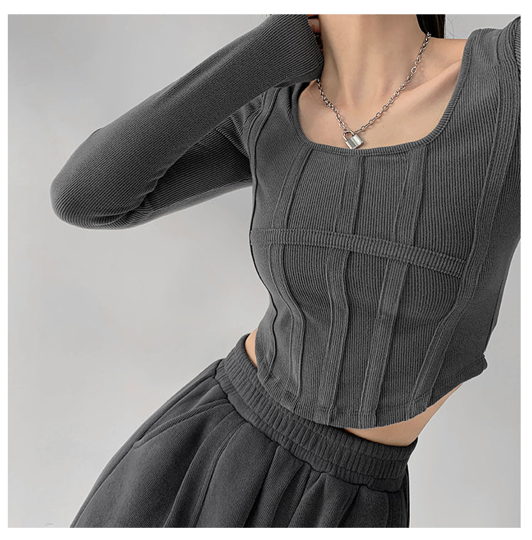 Fishbone Pattern Women's Long Sleeve T-shirt High Waist Slim Square Collar Tops Woman - MERGE.DAY.1.FREESTYLE