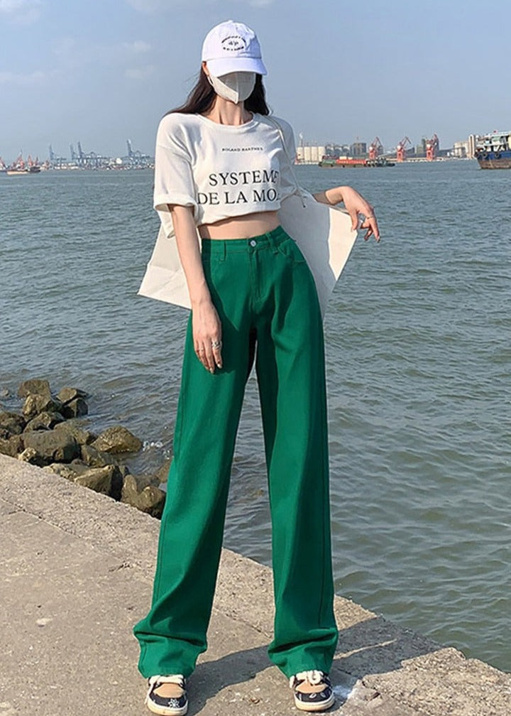 Cotton Ladies Wide Leg Denim Pants High Waist Loose Pockets Jeans Trousers - MERGE.DAY.1.FREESTYLE