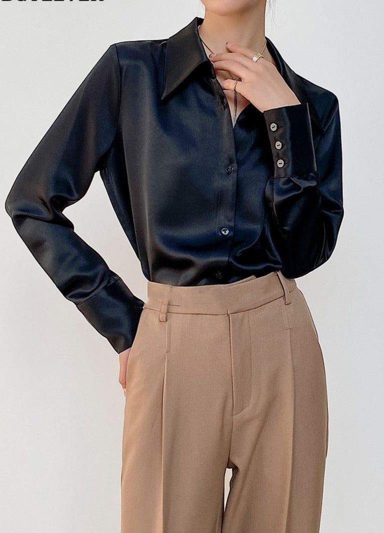 Turn-down Collar Solid Blouses Women Full Sleeve Loose Single-breasted Satin Shirts - MERGE.DAY.1.FREESTYLE