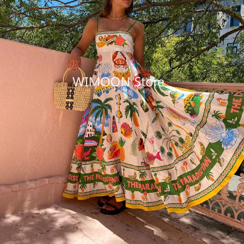 Beach Spaghetti Strap Long Dress Printed Backless Sleeveless Drawstring Dress - MERGE.DAY.1.FREESTYLE