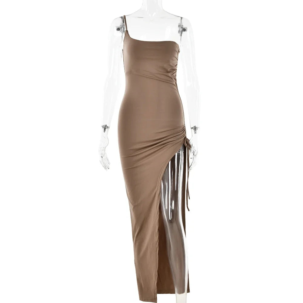 Drawstring High Slit Shoulder Slim Elastic Maxi Bodycon Dress - MERGE.DAY.1.FREESTYLE