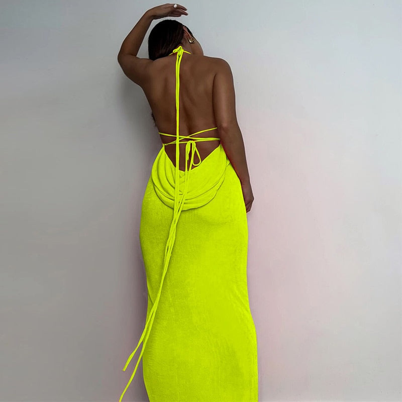 Collar Backless Sleeveless Drawstrings Hollow Out Slit Sexy Maxi Prom Dress - MERGE.DAY.1.FREESTYLE
