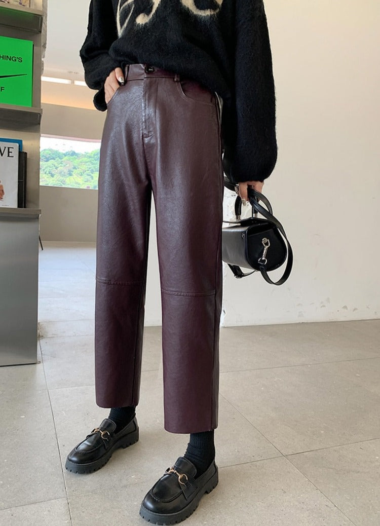Spring Autumn PU Leather Pants Women High Waist Pockets Faux Leather Harem Pants - MERGE.DAY.1.FREESTYLE