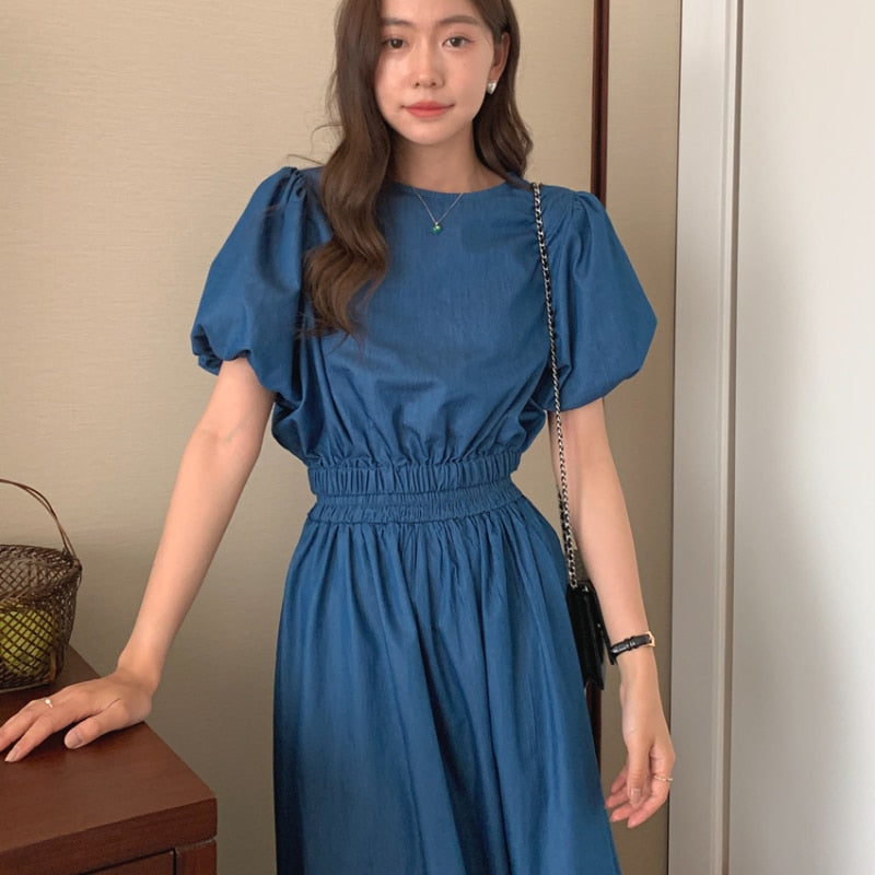 Women's Summer Cotton Denim Sets of Skirts Suit Chic Puff Sleeve Short Top with Umbrella Skirt - MERGE.DAY.1.FREESTYLE