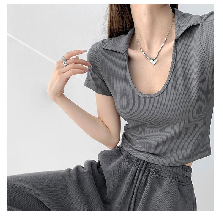 Y2K Tops Women U-shaped Lapel Short Sleeve Tees Summer High Waist Thread Crop Top - MERGE.DAY.1.FREESTYLE