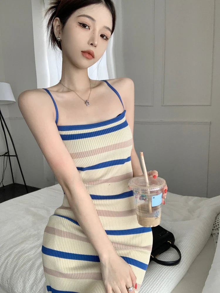 Sleeveless Slim fit Knitted Striped Mid Length Dresses - MERGE.DAY.1.FREESTYLE