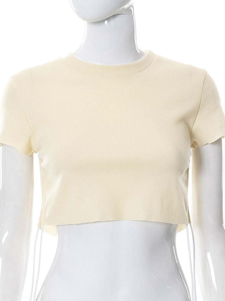 Sexy O Neck Split Ribbons Cropped T-Shirts Women Ribbed Knit Short Sleeve Slim Tshirts 2022 Summer - MERGE.DAY.1.FREESTYLE