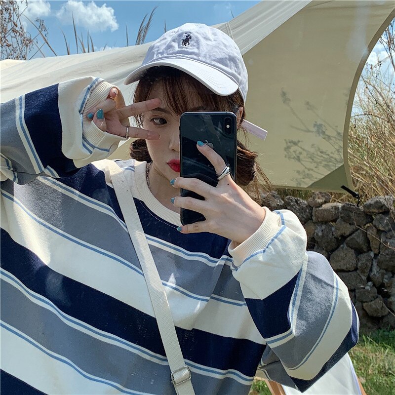 Striped POLO Shirt Men Women Casual Loose Couple BF Lapel Sweatshirts - MERGE.DAY.1.FREESTYLE