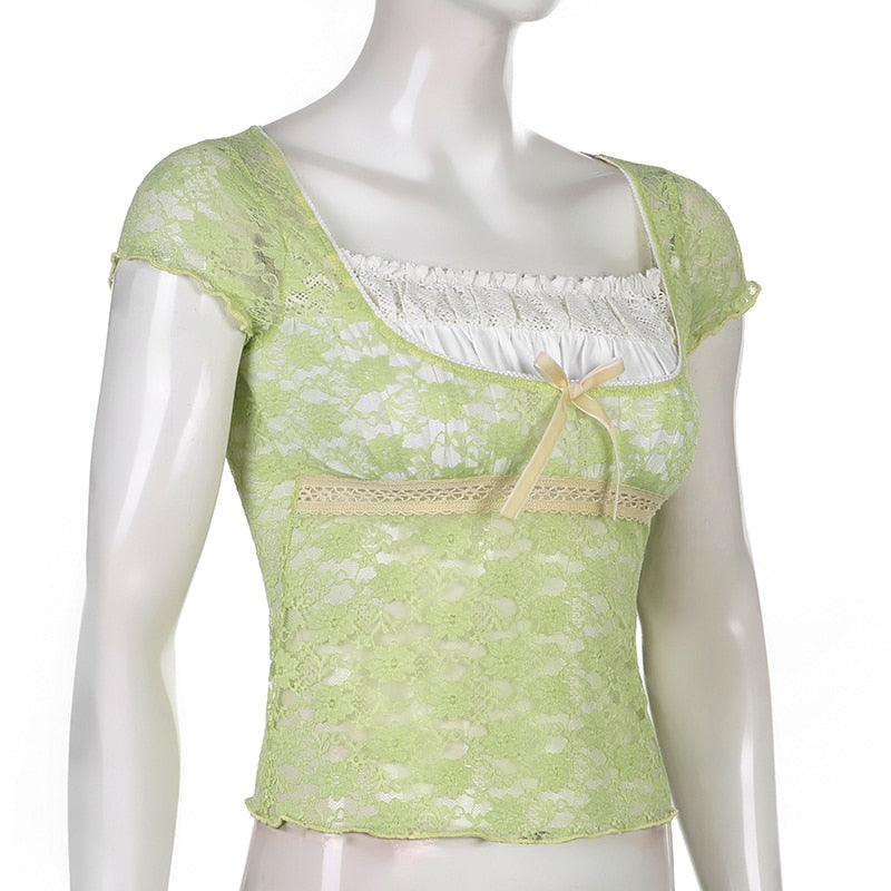 Trim Crop Top Bow Cute Sweet T Shirt Women Retro Short Sleeve Lace Patched Tshirt - MERGE.DAY.1.FREESTYLE