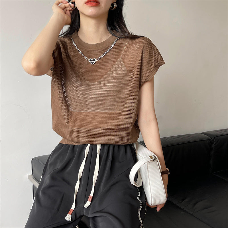 Hollow T-shirt Chain Women Summer New Solid Color Short Sleeve Knitted Tops Female 2022 - MERGE.DAY.1.FREESTYLE