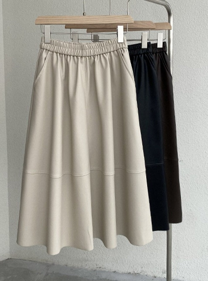 PU Skirts Elastic High Waist Pockets Faux Leather A-line Skirts - MERGE.DAY.1.FREESTYLE