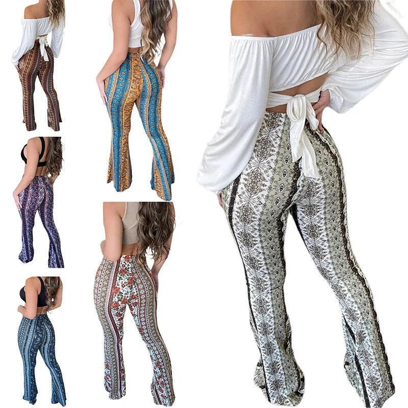 Frauen Boho Flare Pants Ethnic Tribal Print Bell Bottom Yoga Palazzo Hose - MERGE.DAY.1.FREESTYLE