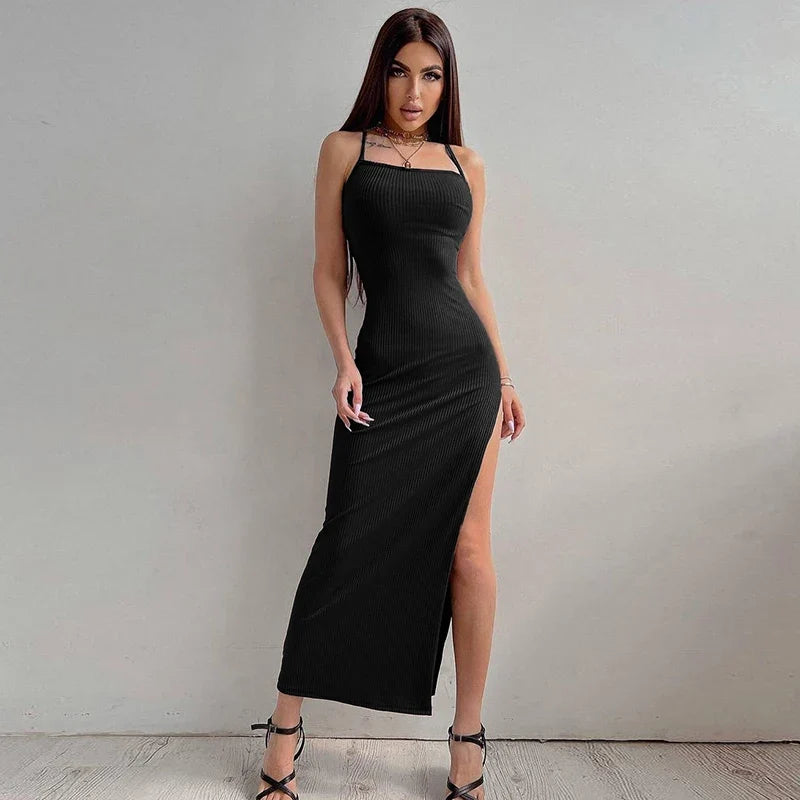Backless Halter Neck Split Bandage Bodycon Dress - MERGE.DAY.1.FREESTYLE