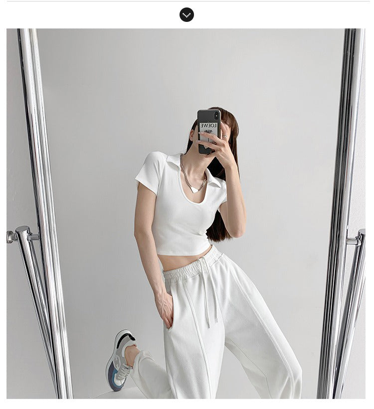 Y2K Tops Women U-shaped Lapel Short Sleeve Tees Summer High Waist Thread Crop Top - MERGE.DAY.1.FREESTYLE
